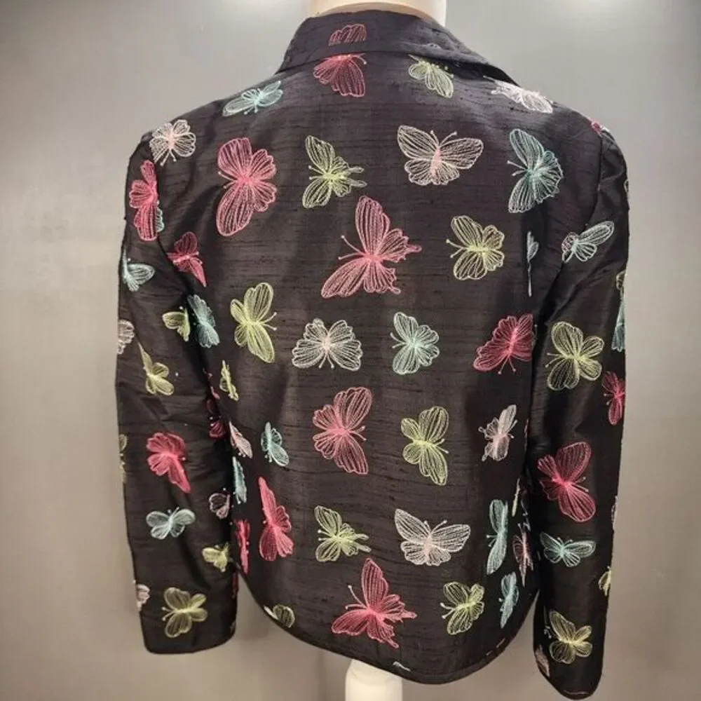 Peck and‎ Peck Vintage Black 100% Silk Open Jacket SZ 6 Embroidered Butterflies